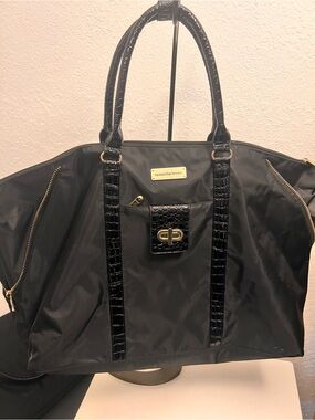 Samantha Brown Packable Black Nylon Tote with Croc Trim